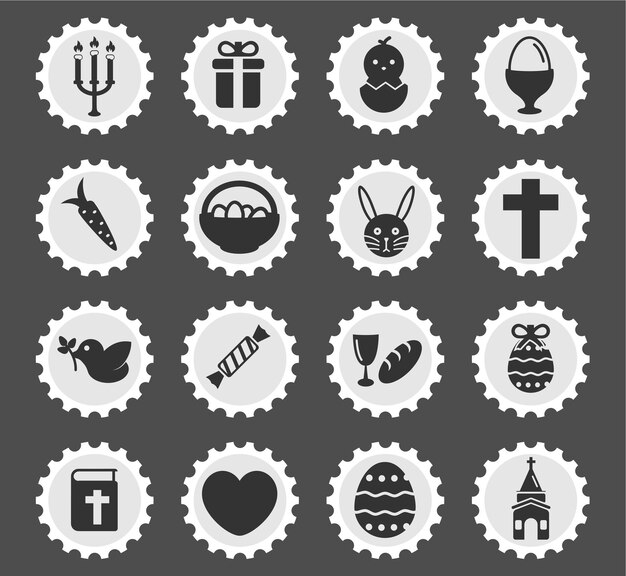 Iconos del día de Pascua en sellos postales redondos estilizados