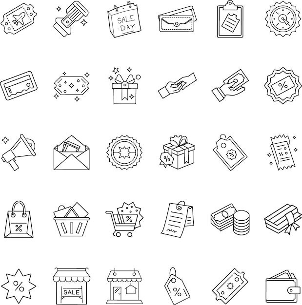 Iconos del día de venta Boletos de compras Regalos y dinero
