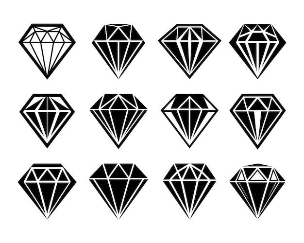 Iconos de diamantes en conjunto Colección de piedras preciosas vectoriales en blanco y negro