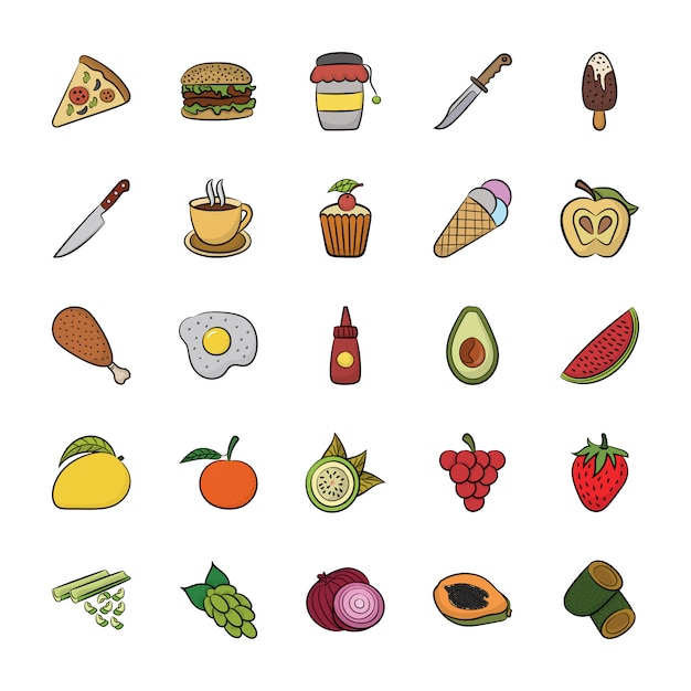 Vector iconos dibujados a mano de alimentos