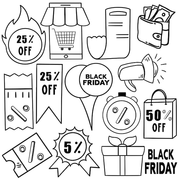 Iconos dibujados a mano del Black Friday, ventas y descuentos Ilustración vectorial