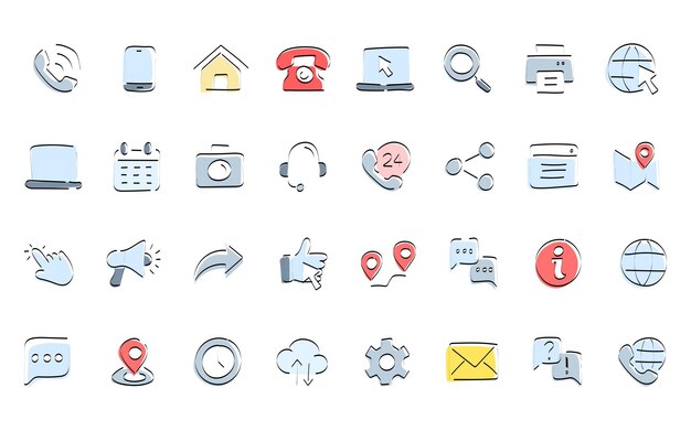 iconos dibujados a mano conjunto de oficina conjunto de dibujos