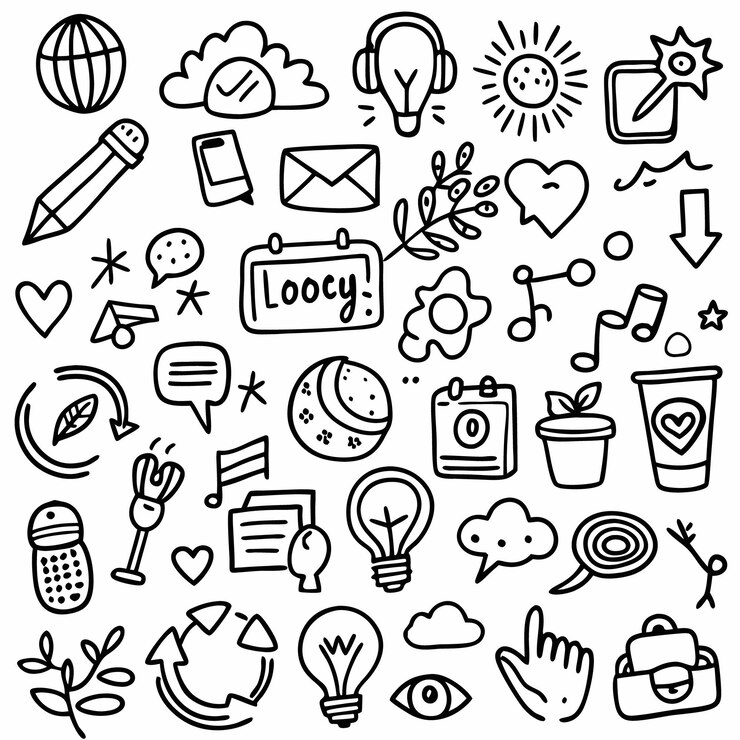 Vector iconos dibujados a mano de corazones, bombillas, lápices, flores, flechas, nubes, estrellas del sol, notas musicales, marcas de comprobación, correo, mundo y más.