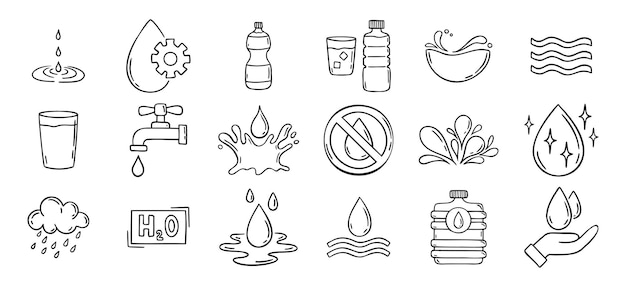 Iconos dibujados a mano con dibujos de agua signos de boceto de dibujo de agua ilustración vectorial