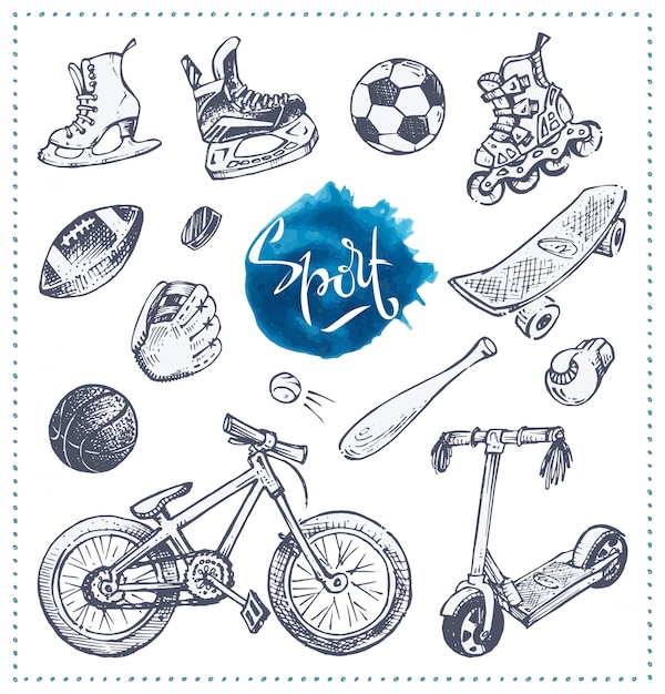 Iconos dibujados a mano de equipamiento deportivo. bosquejo
