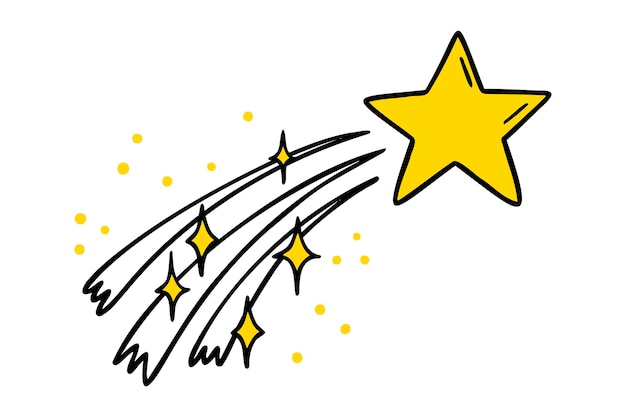 Iconos dibujados a mano de estrella amarilla voladora dibujo de contorno volando símbolo de clip de línea de estrella dorada brillante