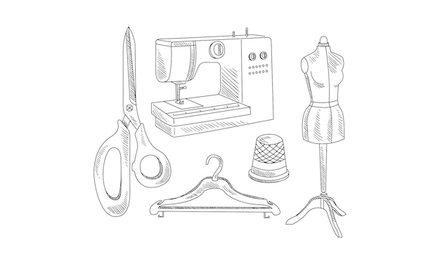 Iconos dibujados a mano relacionados con el tema de sastrería Máquina de coser eléctrica tijeras percha maniquí y dedal Tema de confección Ilustraciones vectoriales de estilo boceto aisladas en fondo blanco