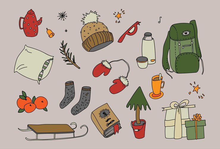 Iconos dibujados a mano de temporada de invierno, ilustración vectorial, acogedoras vacaciones de Navidad, conjunto aislado de diciembre