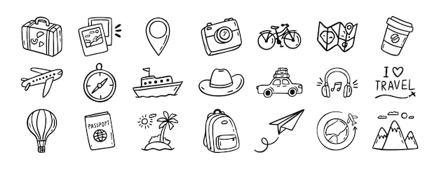 Iconos dibujados a mano de viajes dibujos de contornos de viajes turismo línea clipart símbolos vectoriales