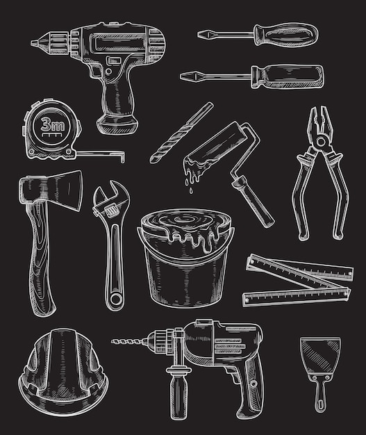 Vector iconos de dibujo de tiza de reparación de herramientas de trabajo de vector
