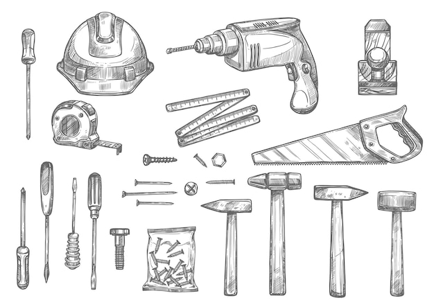 Iconos de dibujo vectorial de herramientas de trabajo de reparación