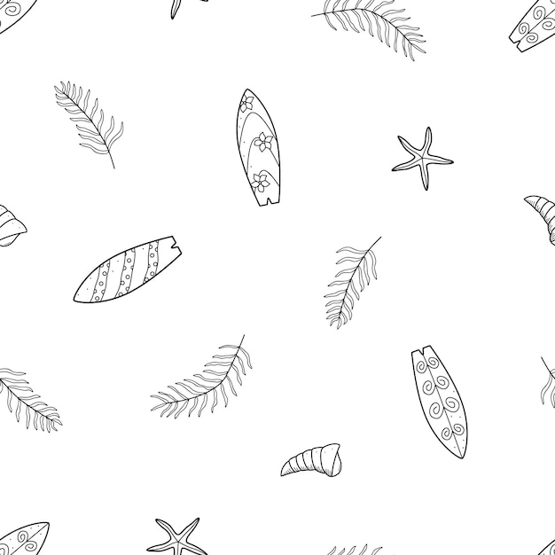 Iconos de dibujo de verano sin costuras Ilustración vectorial de una tabla de surf conchas de palma Fondo