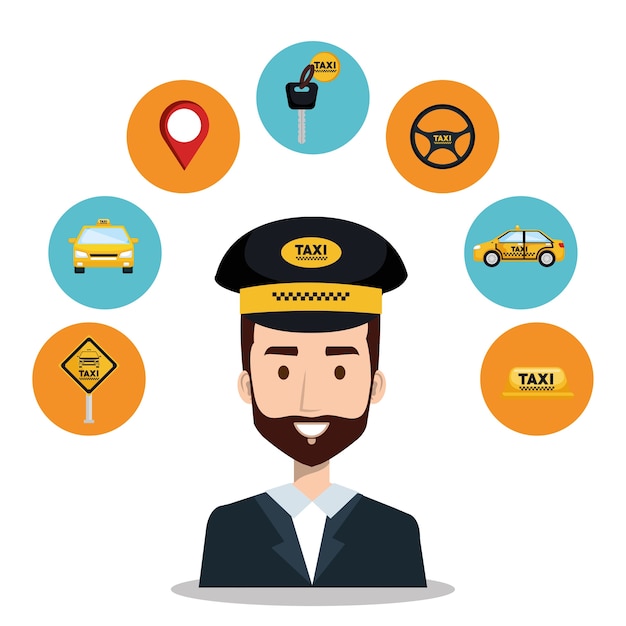 Iconos de dibujos animados de aplicación de servicio de taxi de conductor