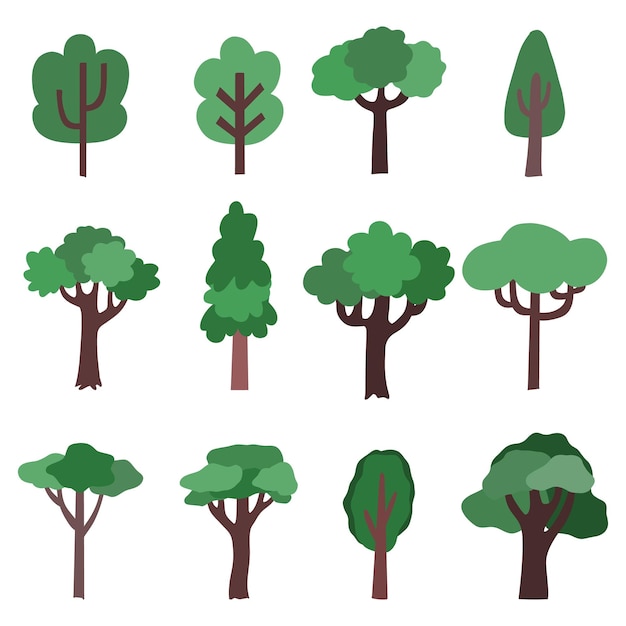 Iconos de dibujos animados de árboles iconos de sihouette del bosque colección de árboles vectoriales