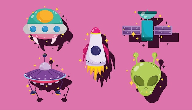 Los iconos de dibujos animados de aventura por satélite alienígena nave espacial ovni establecen ilustración