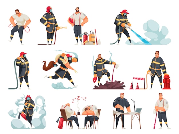 Iconos de dibujos animados de bomberos en uniforme en diferentes situaciones aisladas en la ilustración de vector de fondo blanco