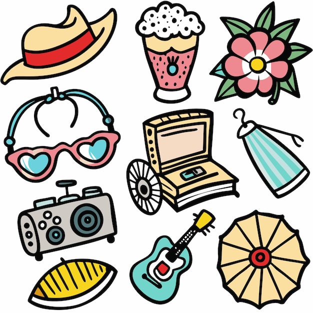 Iconos de dibujos animados coloridos de artículos de verano