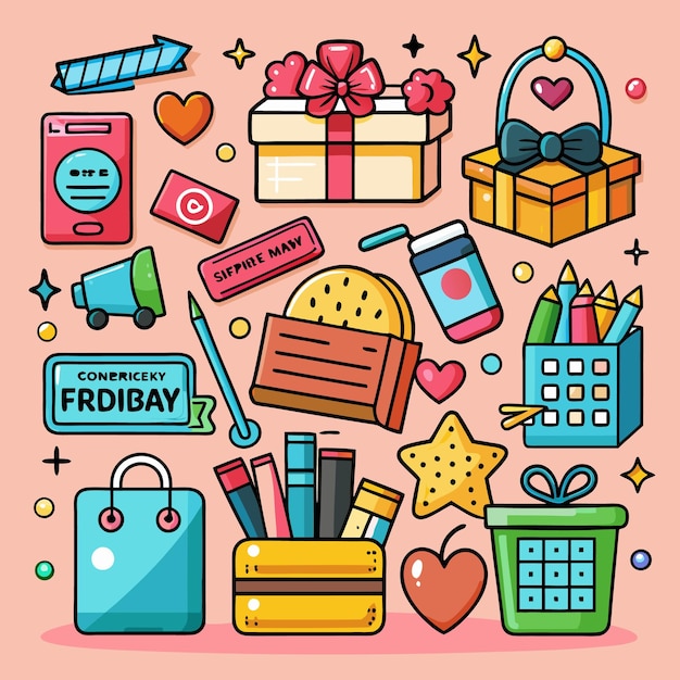 Iconos de dibujos animados coloridos para comprar regalos y suministros