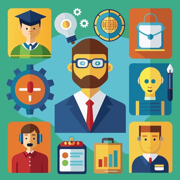 Iconos de dibujos animados coloridos Comunicación digital Negocios y tecnología