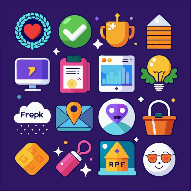Iconos de dibujos animados coloridos Comunicación digital Negocios y tecnología