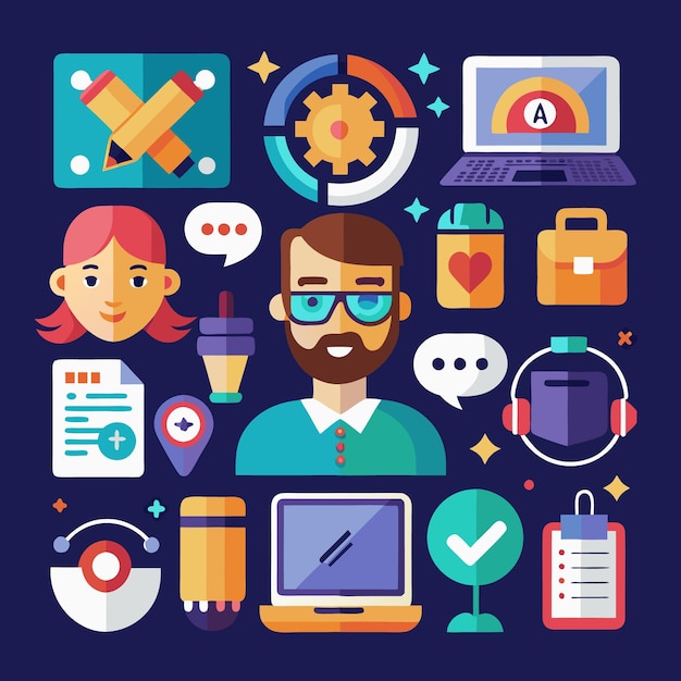 Iconos de dibujos animados coloridos Comunicación digital Negocios y tecnología