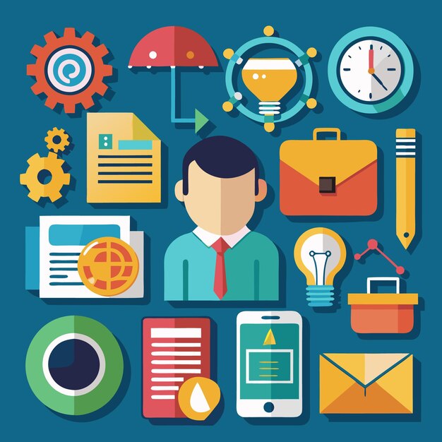 Iconos de dibujos animados coloridos Comunicación digital Negocios y tecnología