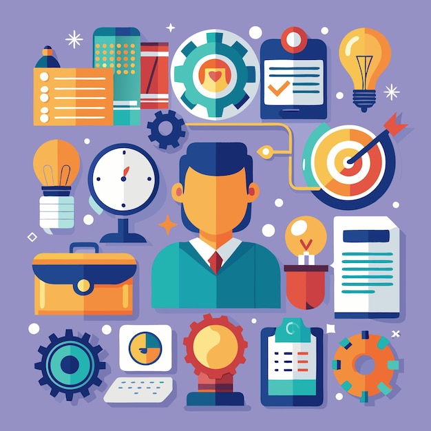 Iconos de dibujos animados coloridos Comunicación digital Negocios y tecnología