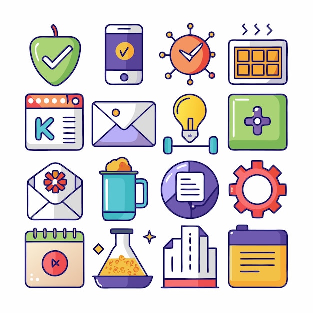 Iconos de dibujos animados coloridos Comunicación digital Negocios y tecnología