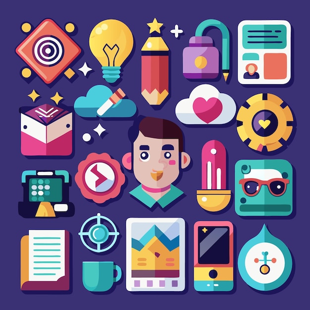 Iconos de dibujos animados coloridos Comunicación digital Negocios y tecnología