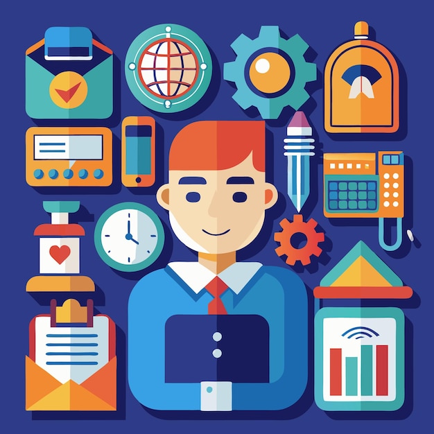Iconos de dibujos animados coloridos Comunicación digital Negocios y tecnología