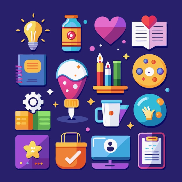 Iconos de dibujos animados coloridos Comunicación digital Negocios y tecnología