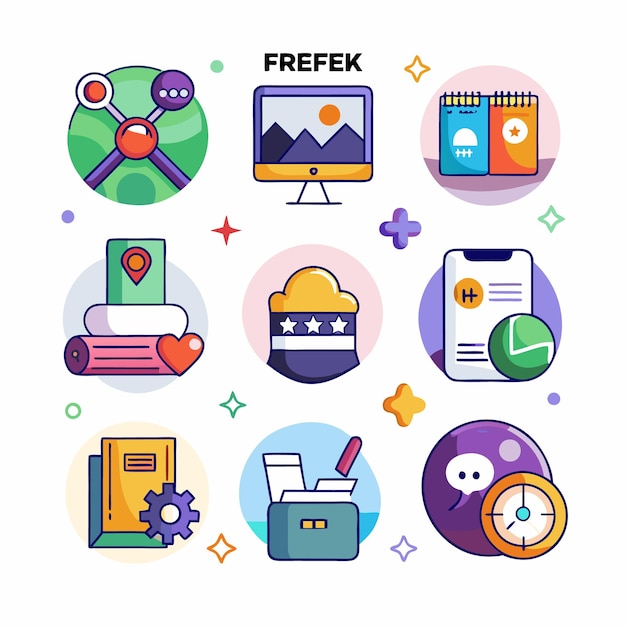 Iconos de dibujos animados coloridos Comunicación digital Negocios y tecnología