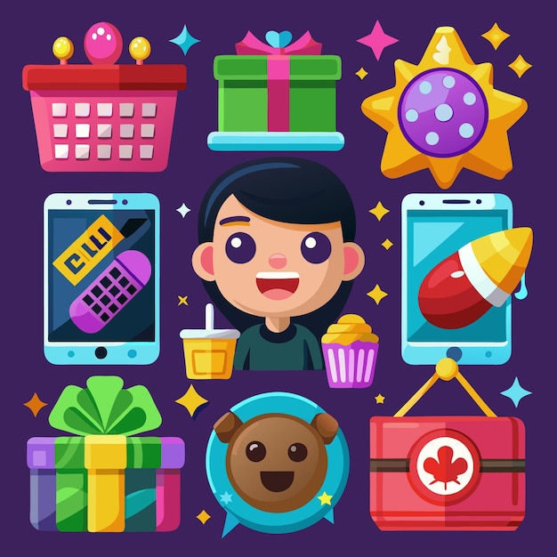 Iconos de dibujos animados coloridos con regalos para chicas y teléfonos móviles