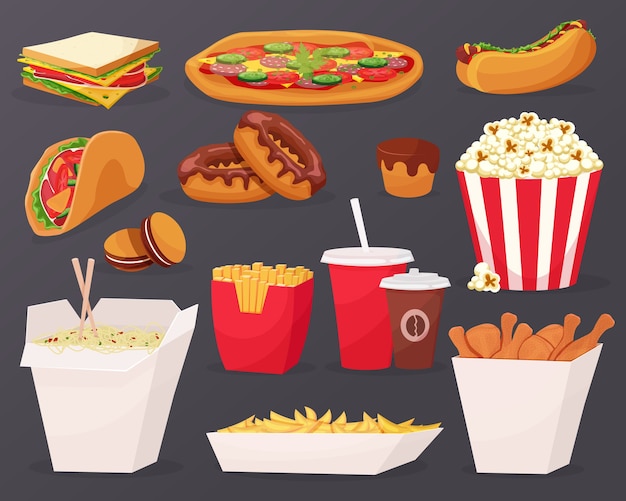 Iconos de dibujos animados de comida rápida sobre fondo negro