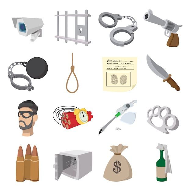 Vector iconos de dibujos animados de crimen para web y dispositivos móviles