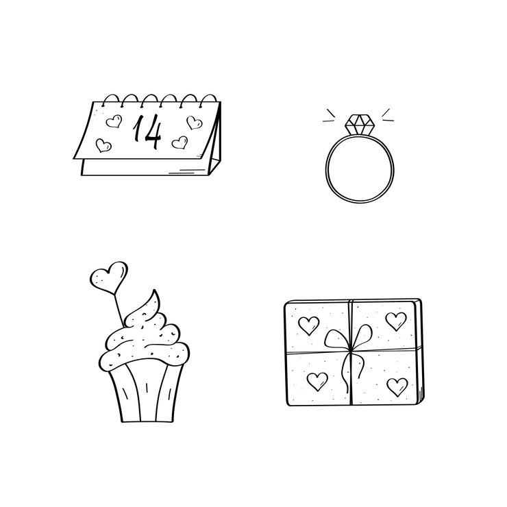 Iconos de dibujos animados del Día de San Valentín dibujados a mano símbolos de amor Un pastel