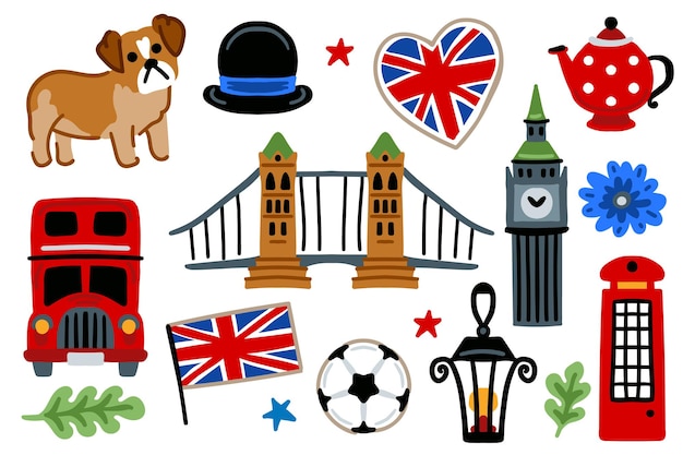 Iconos de dibujos animados Diseño Concepto de viaje Vector set de Londres Reino Unido