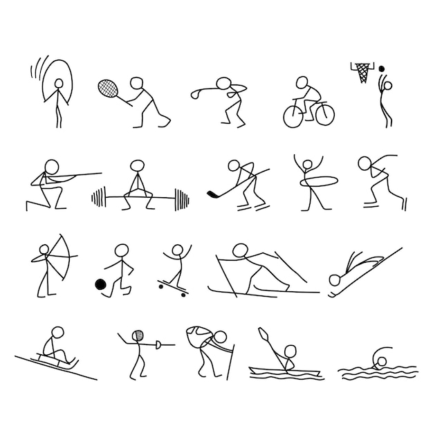 Los iconos de dibujos animados se divierten conjunto de personas de vector pequeño bosquejo en escenas en miniatura lindas.