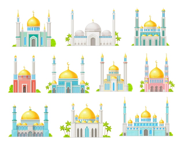 Vector iconos de dibujos animados de edificio de mezquita musulmana