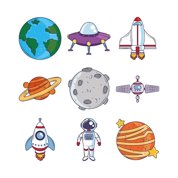 Iconos de dibujos animados de espacio galaxy cosmos