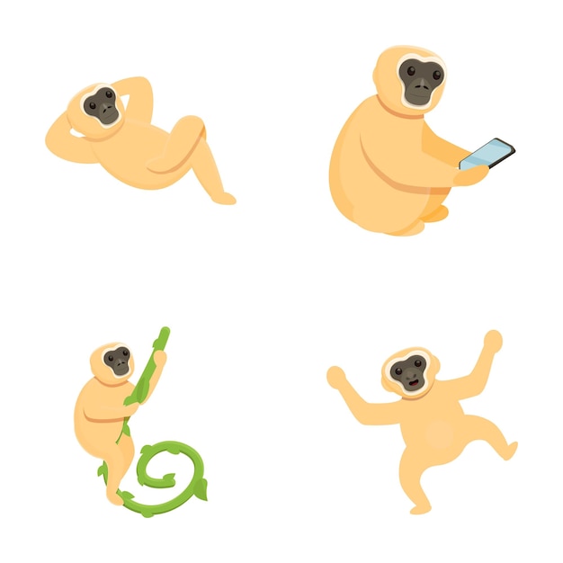 Iconos de dibujos animados de gibbon conjunto de vectores de caricaturas gibbon primate mamífero