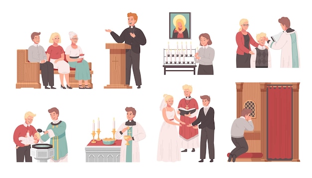 Iconos de dibujos animados de la iglesia cristiana establecidos con diferentes servicios masivos ilustración vectorial aislada