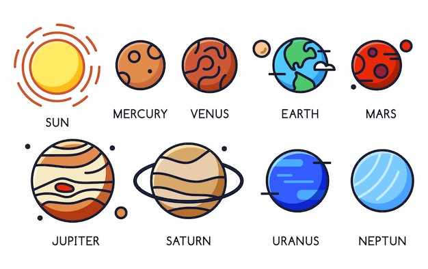 Iconos de dibujos animados de planetas del sistema solar con nombres