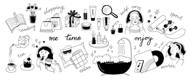 Iconos de dibujos auto-tiempo Doodle mujer estilo de vida de auto-cuidado elementos de boceto dibujados a mano para relajarse y disfrutar de actividades libro de música deporte lectura compras estilo de vida vectorial de chicas tiempo