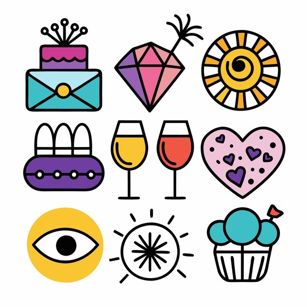Iconos de dibujos coloridos de un pastel corazón vasos de vino ojo de sol de diamante y sobre