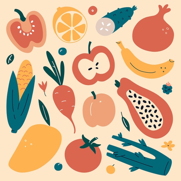 Iconos de dibujos de frutas y verduras Colección de ilustraciones vectoriales de tomate aislado de maíz de manzana