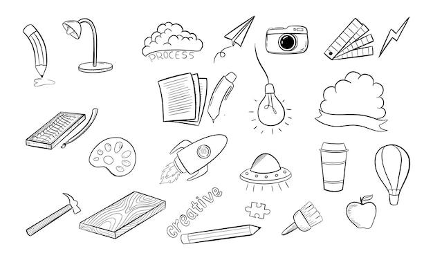Iconos de dibujos a mano de objetos creativos y artísticos