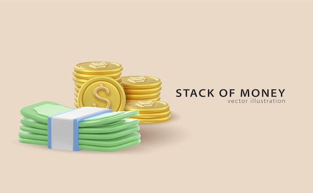 Iconos de dinero en 3D, billetes de banco