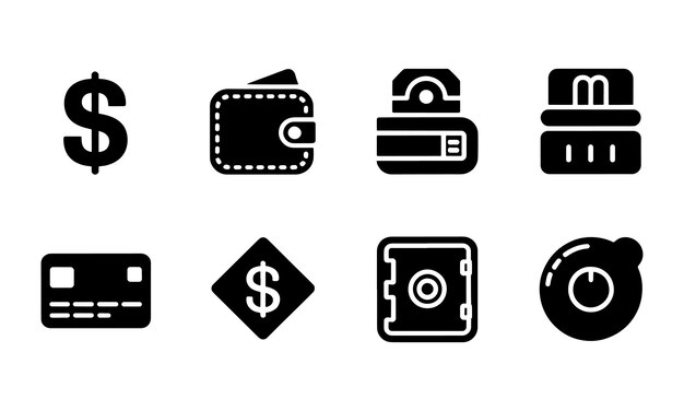Iconos de dinero Cartera de cajeros automáticos Tarjeta de crédito y caja fuerte financiera