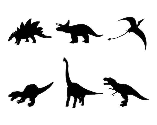 Iconos de dinosaurios y monstruos dino jurásicos Silueta vectorial de triceratops o Trex brontosaurus o pterodactyl y stegosaurus pteranodon o ceratosaurus y reptil parasaurolophus